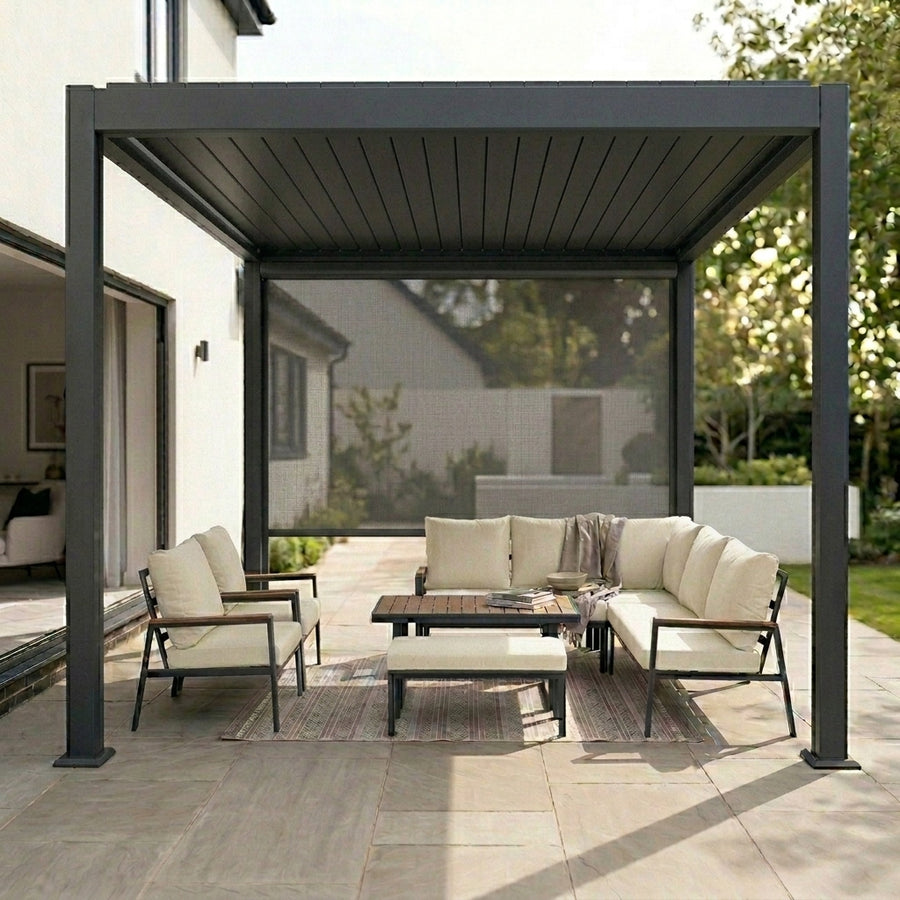 Meridian 4m x 3m aluminium louvred pergola with three manual Textilene side blinds in Graphite Grey
