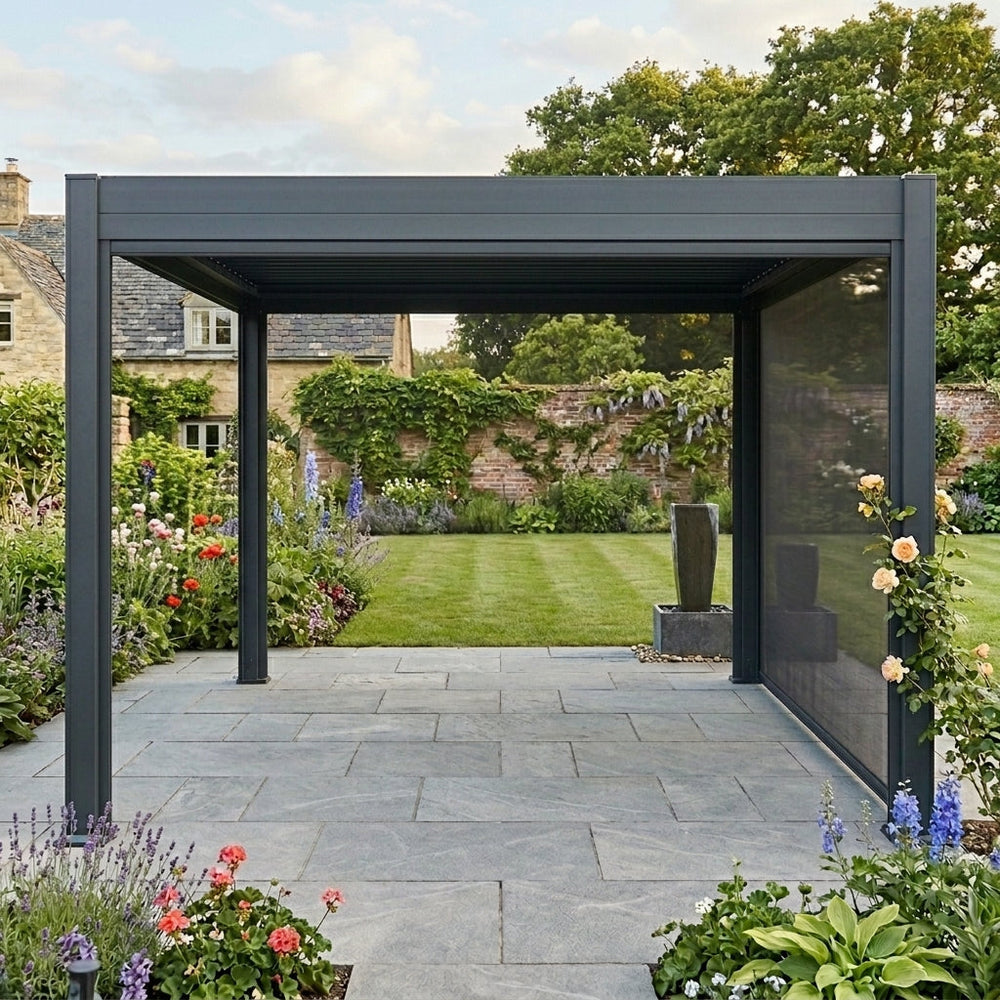 Meridian aluminium louvred pergola with Textilene side blinds in a garden