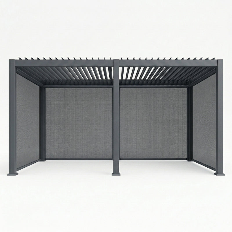 Gray outdoor canopy with mesh blinds on a white background