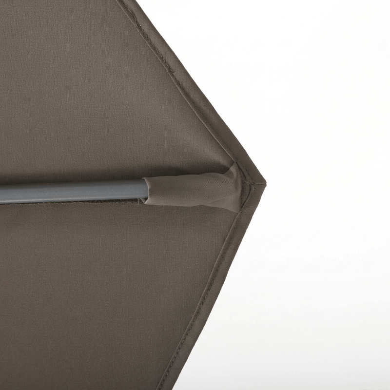 Close-up of a taupe-brown fabric canopy corner with a gray metal support pole and matching fabric sleeve, set against a plain white background.