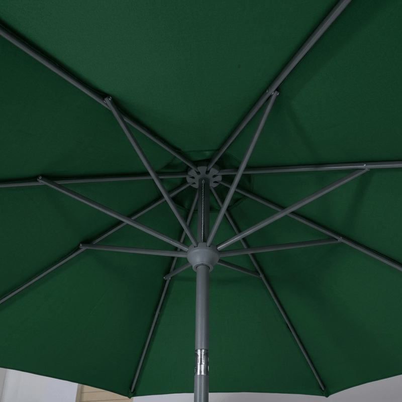 Undershot of the Halo 3m round centre pole parasol in green, demonstrating structural strength