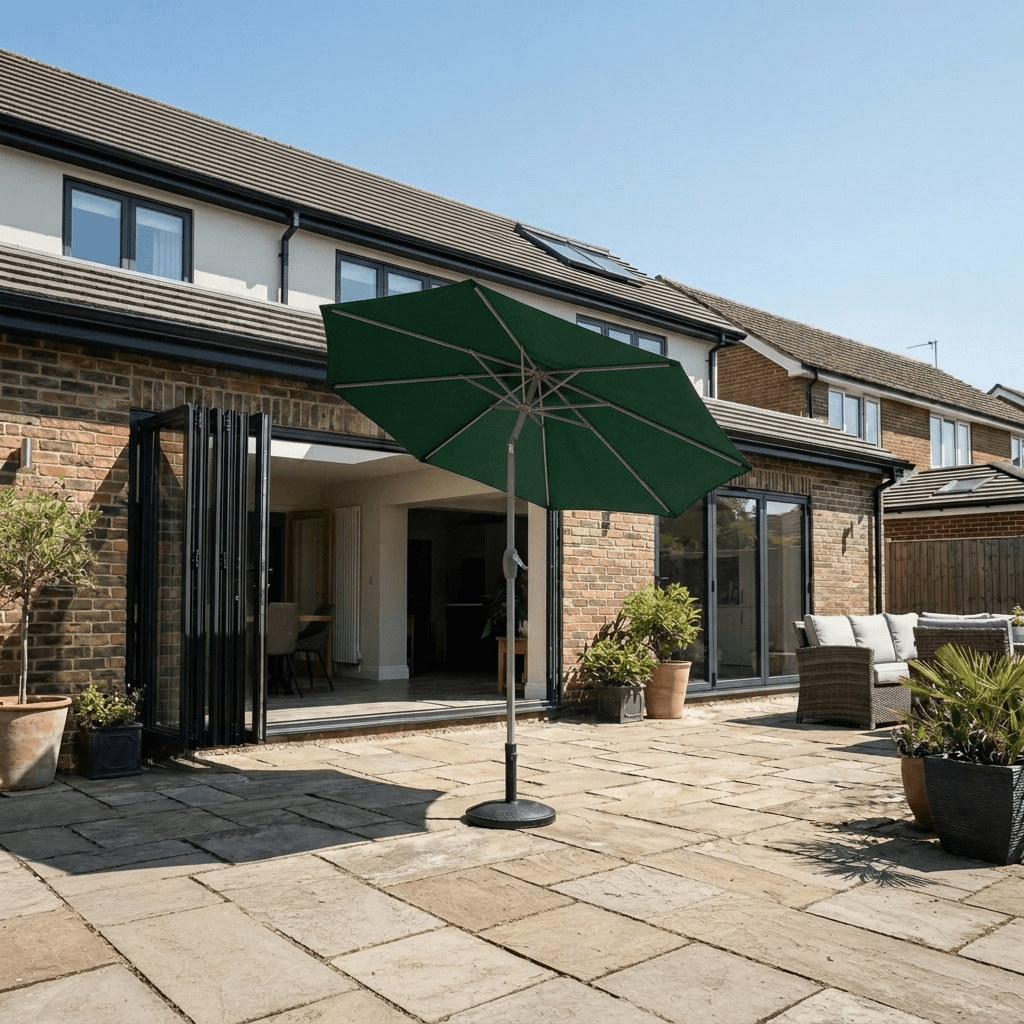 Green 3m Halo centre pole parasol open in front of house with tilting function