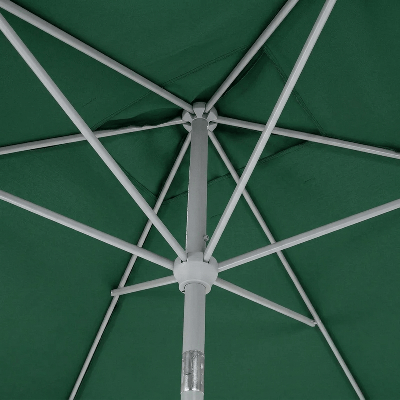 Undershot of the Halo 3m x 2m rectangular centre pole parasol in green, demonstrating structural strength