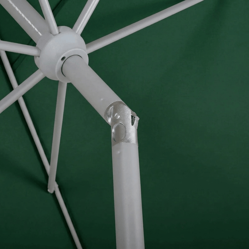 Undershot of the Halo 3m x 2m rectangular centre pole parasol in green, demonstrating the tilting functionality of the pole