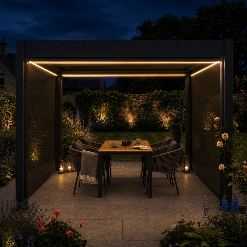 Outdoor patio area with a wooden table and chairs under a modern canopy at night.