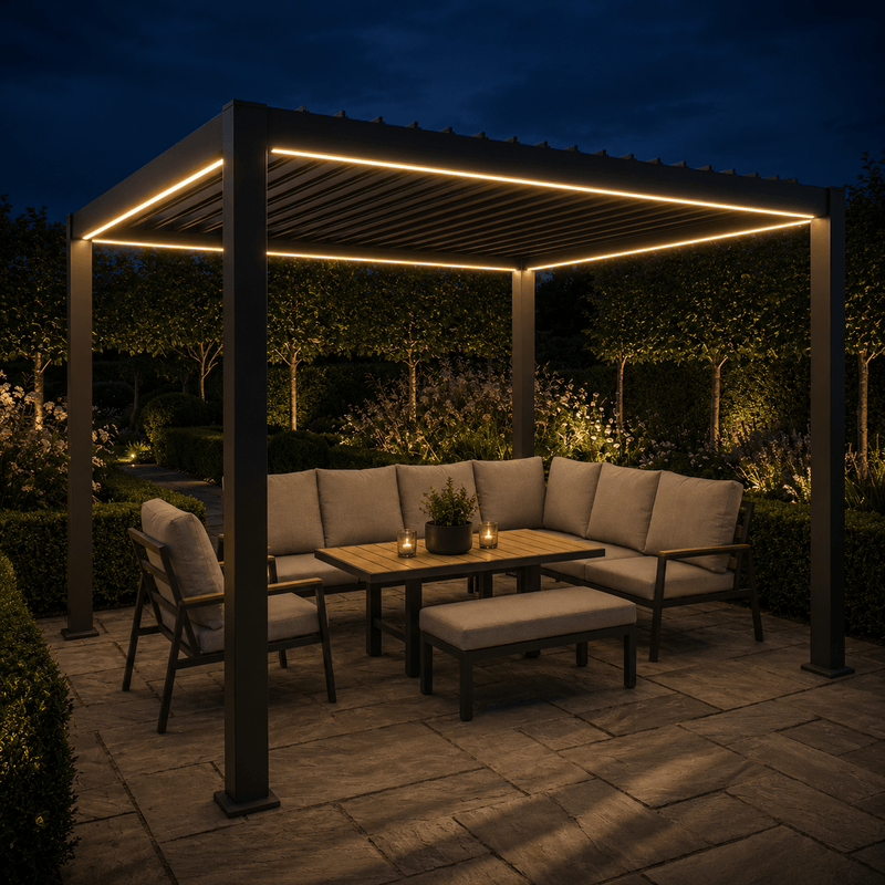 Outdoor patio with lit pergola, furniture, and candles in a garden setting at night.