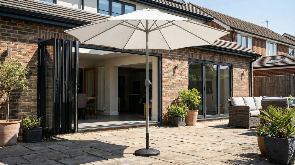 Halo 3m round centre-pole parasol shading a garden dining set in bright summer sun