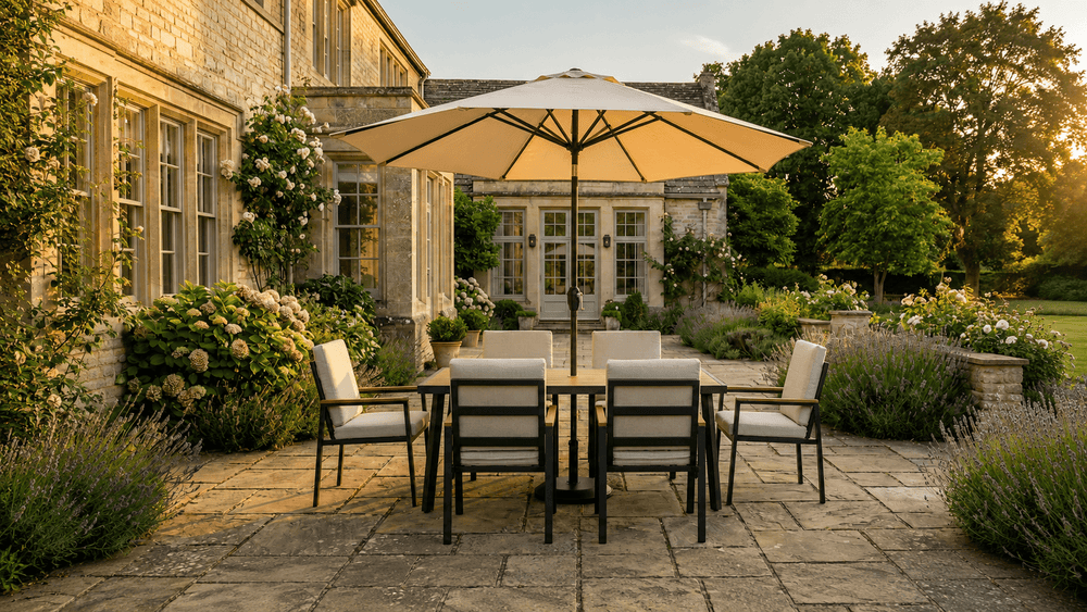 A centre-pole garden parasol shading a dining set on a stone patio at golden hour
