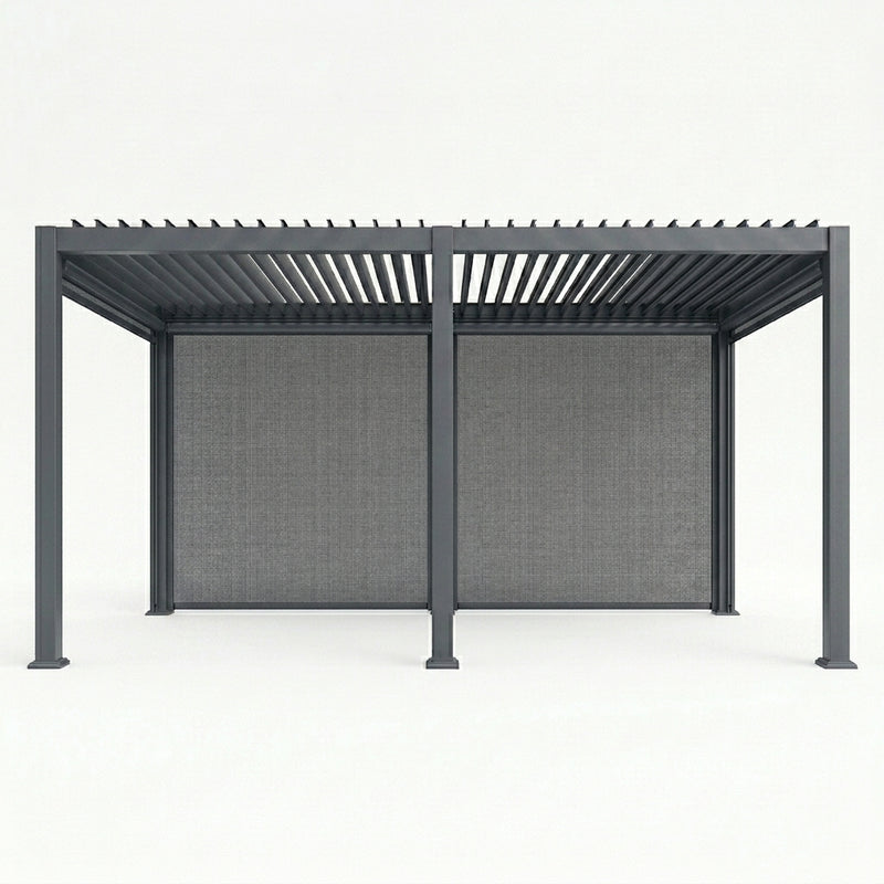 Gray metal pergola with mesh blinds on a white background