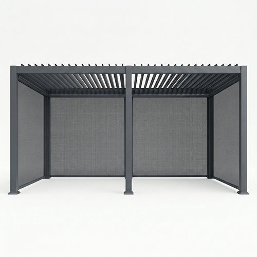 Gray outdoor canopy with mesh blinds on a white background