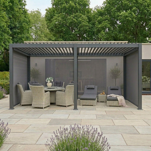 Outdoor patio area with pergola, furniture, and garden setting