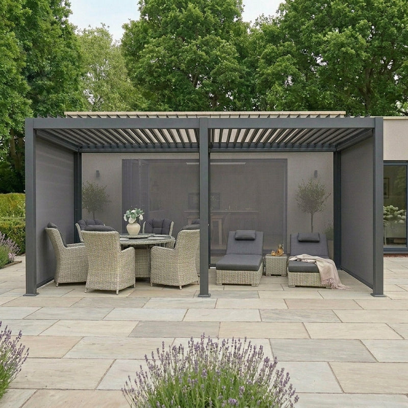 Outdoor patio area with pergola, furniture, and garden setting