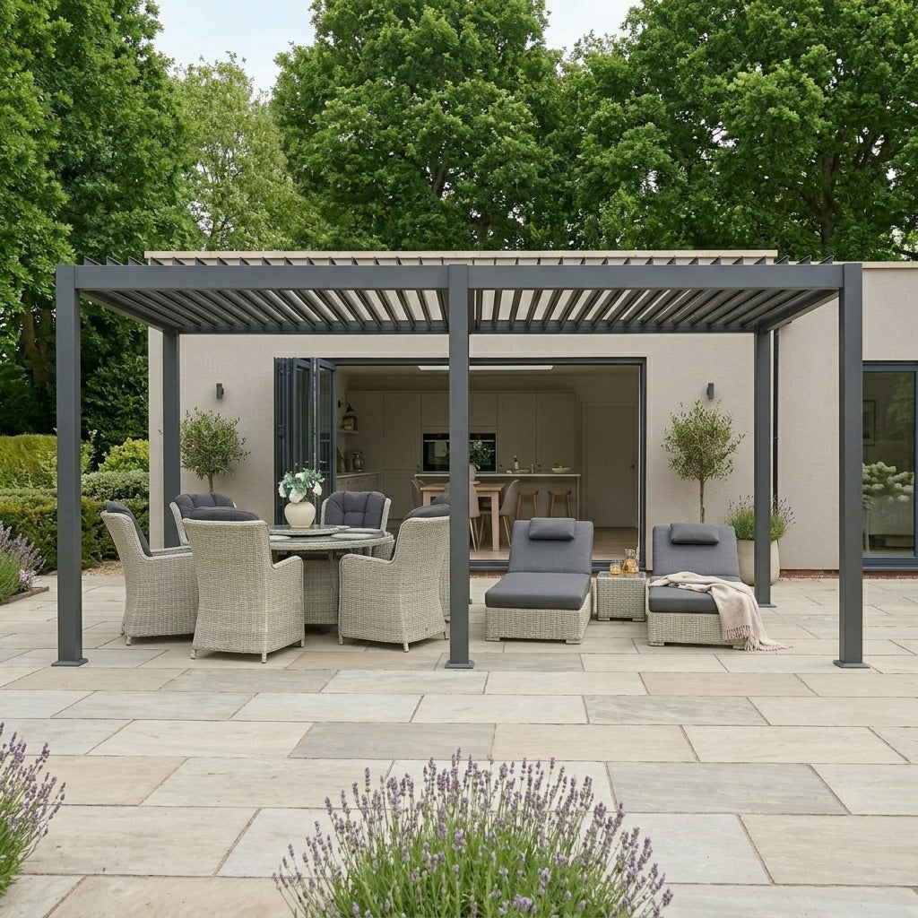 Outdoor patio area with pergola, furniture, and garden setting