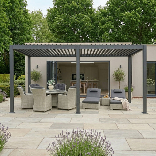 Outdoor patio area with pergola, furniture, and garden setting