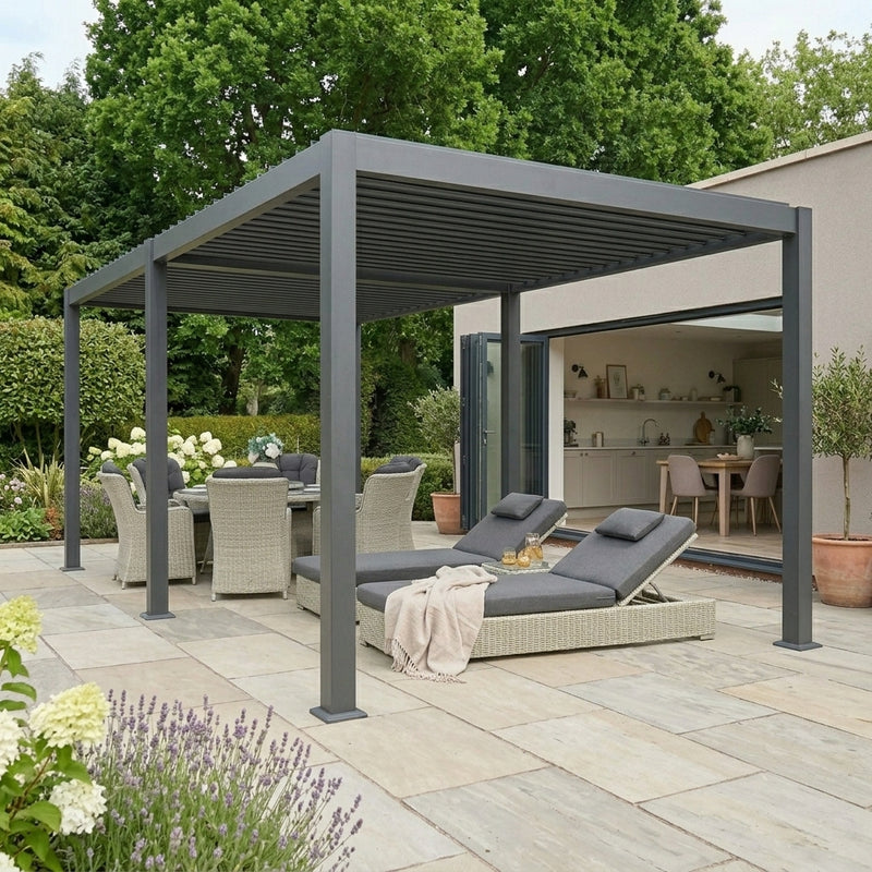 Patio with pergola, outdoor furniture, and garden setting