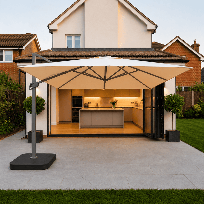 Outdoor kitchen extension with pergola and umbrella in a residential setting