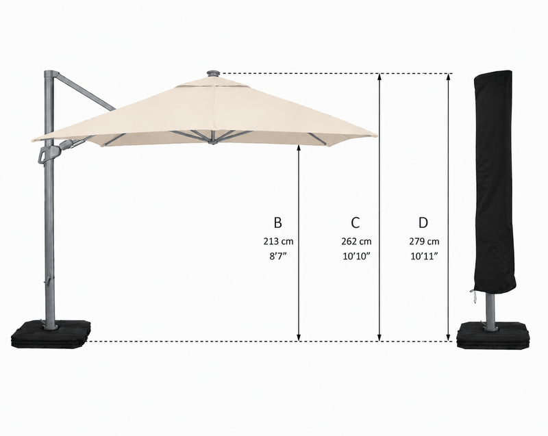 Patio umbrella with dimensions labeled on a white background
