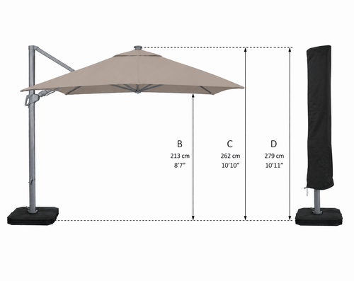 Patio cantilever umbrella with measurement details on a white background