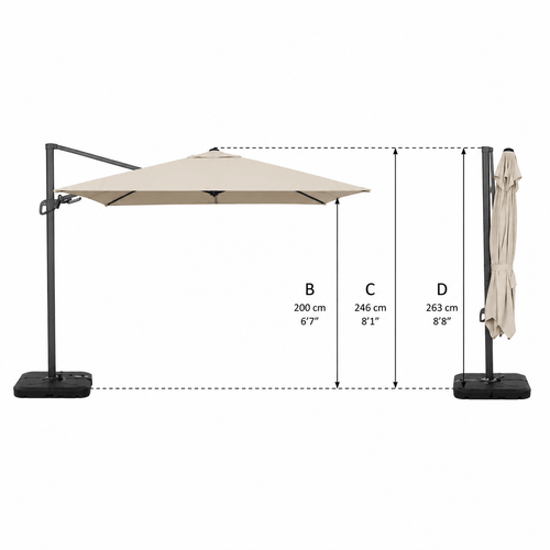 Beige cantilever patio umbrella with stand and measurements on a white background
