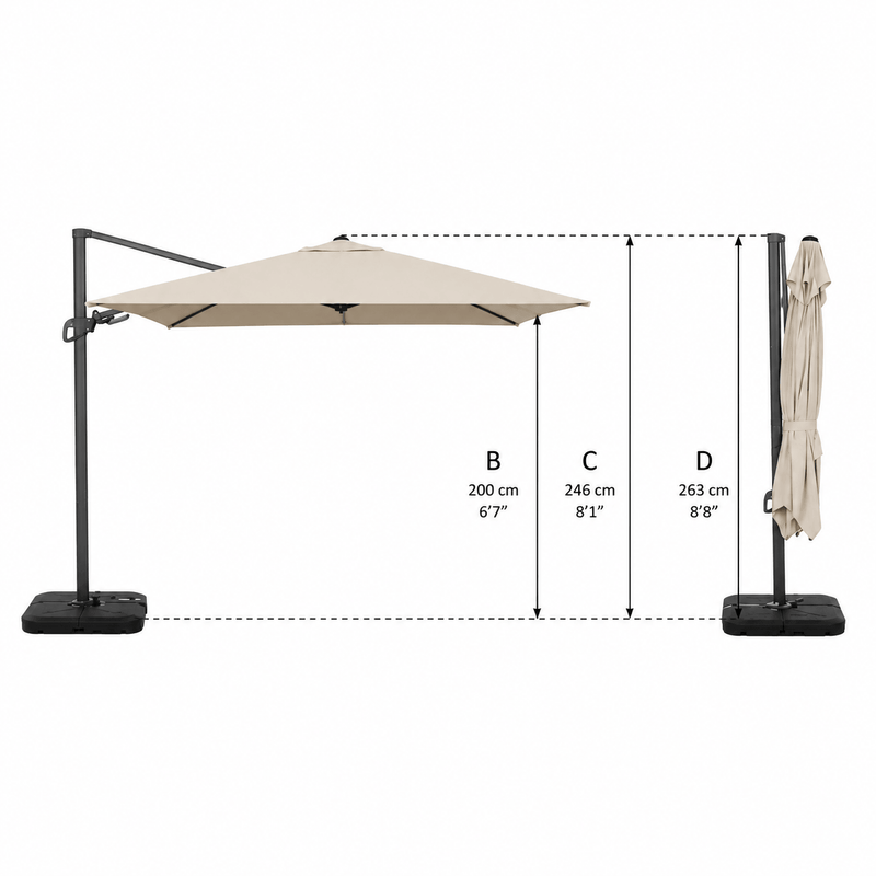 Beige cantilever patio umbrella with stand and measurements on a white background