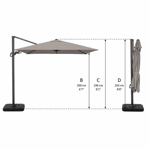 Outdoor umbrella with measurement details on a white background