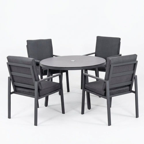 A 5-piece outdoor patio dining set featuring a round gray table and four matching armchairs with dark gray cushions, shown on a seamless white background.