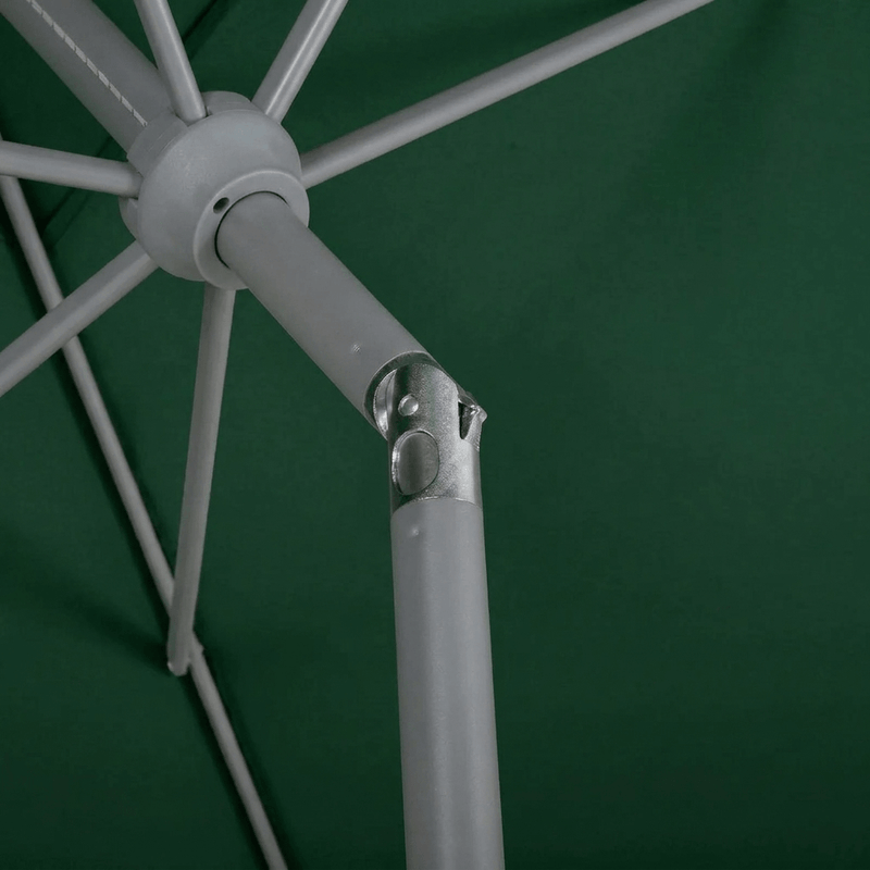 Undershot of the Halo 3m round centre pole parasol in green, demonstrating the titling functionality of the product