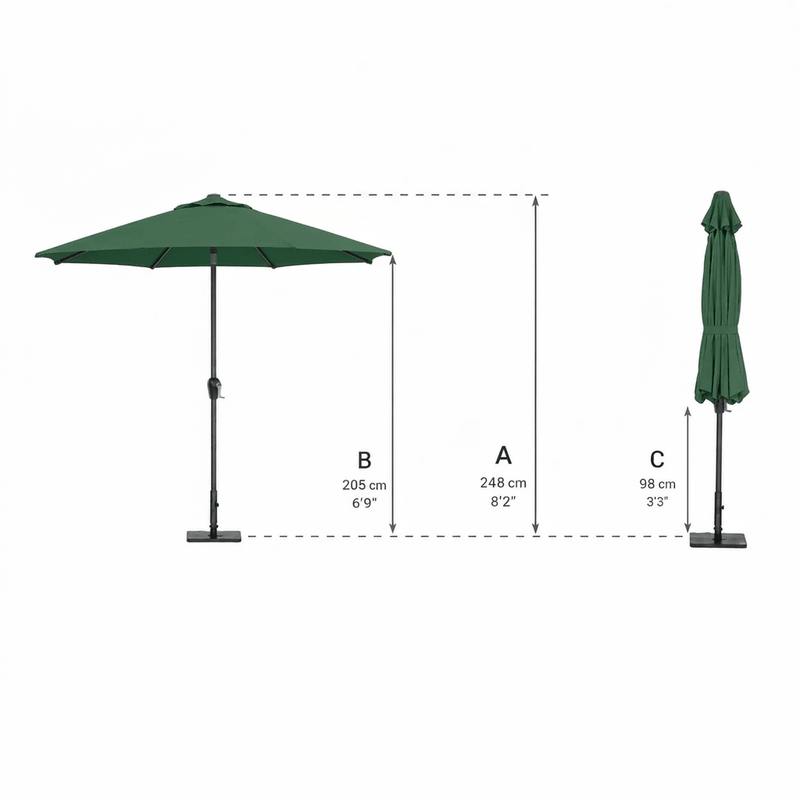Measurement diagram for the Halo 3m round centre pole parasol in green