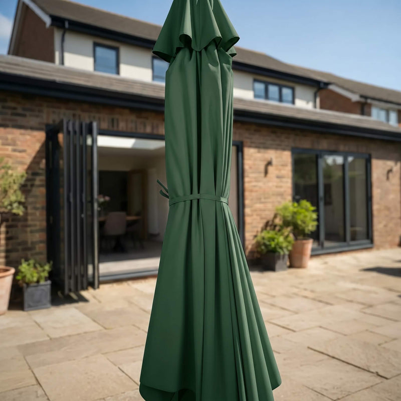 Green 3m centre pole parasol closed