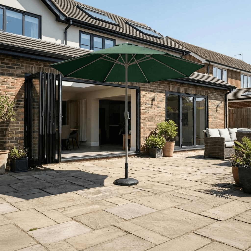 Green 3m Halo centre pole parasol open in front of house