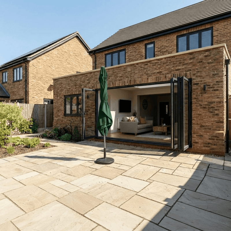 Halo 3m x 2m rectangular centre pole parasol in green, closed and standing on its base on a stone patio