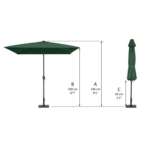 Measurement diagram for the Halo 3m x 2m rectangular centre pole parasol in green