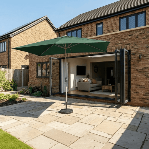 Halo 3m x 2m rectangular centre pole parasol in green, open over a sunny stone patio outside a modern brick home