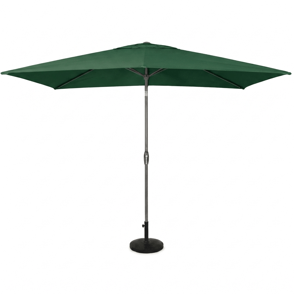 Halo 3m x 2m rectangular centre pole parasol in green, open, on a white background