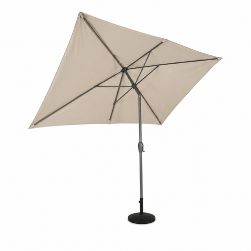 Beige aluminium patio umbrella with a black base on a white background tilted