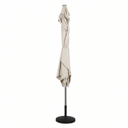 Beige patio umbrella with stand on a white background losed