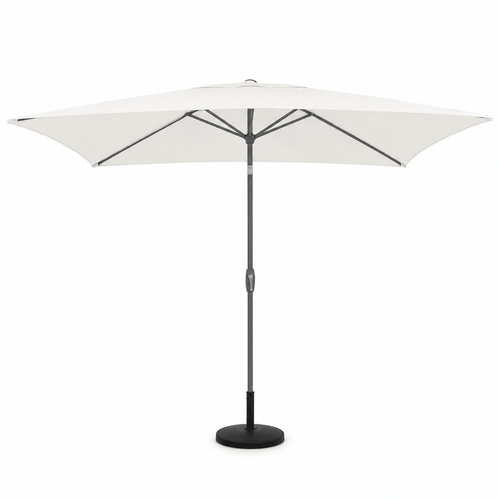 Ecru rectangular patio umbrella on a white background opened