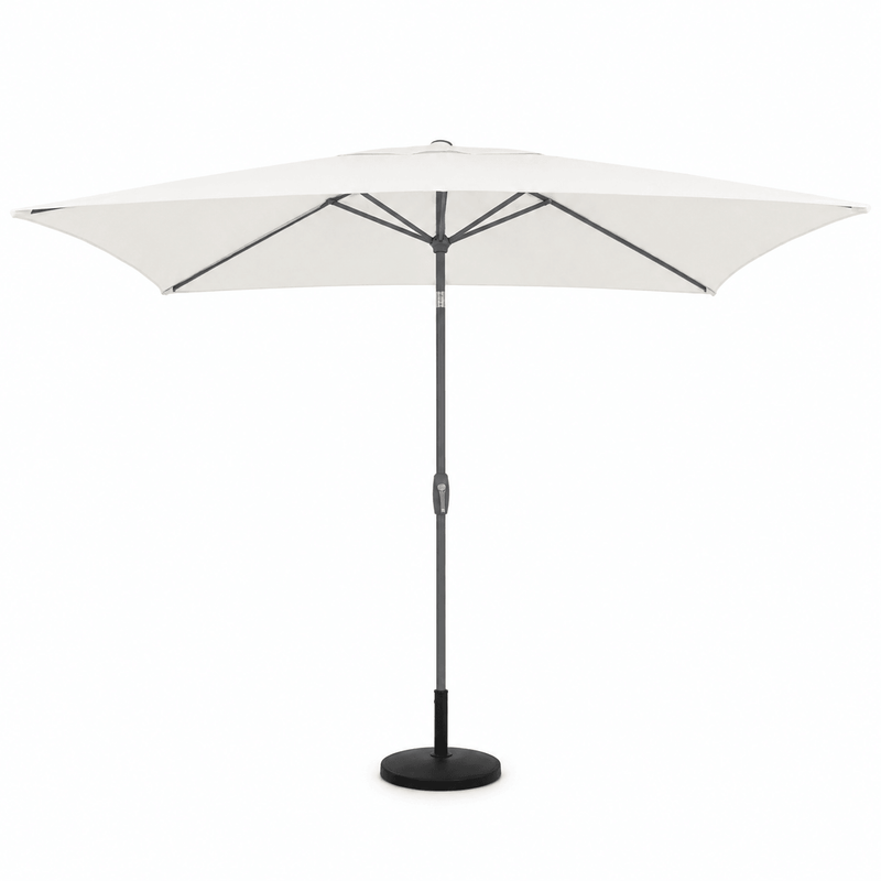 Ecru rectangular patio umbrella on a white background opened