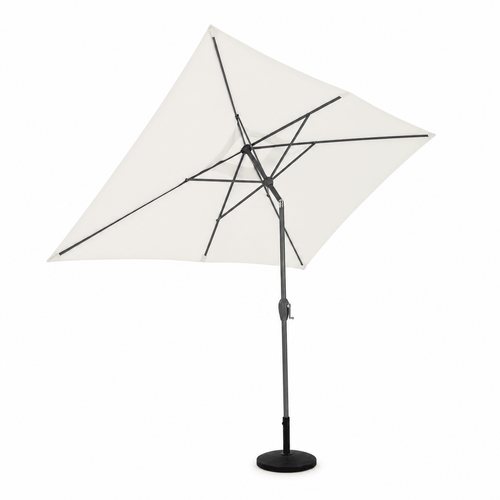 Ecru traditional patio umbrella with black frame and base on a white background, tilted