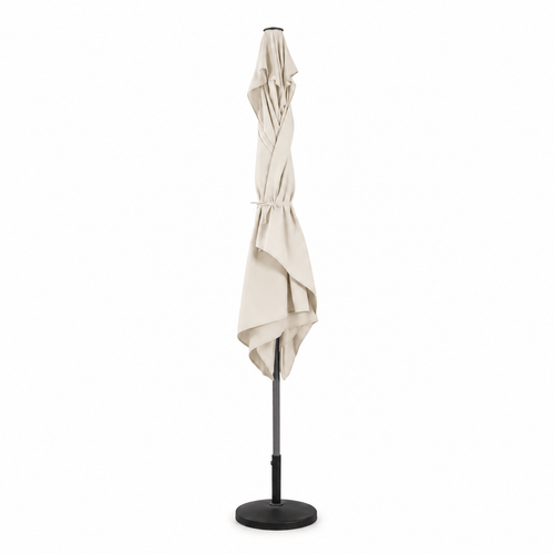 Ecru traditional patio umbrella with stand on a white background