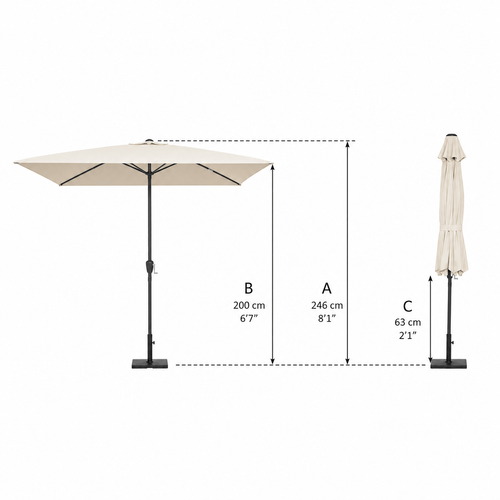 Ecru patio umbrella with dimensions labeled on a white background