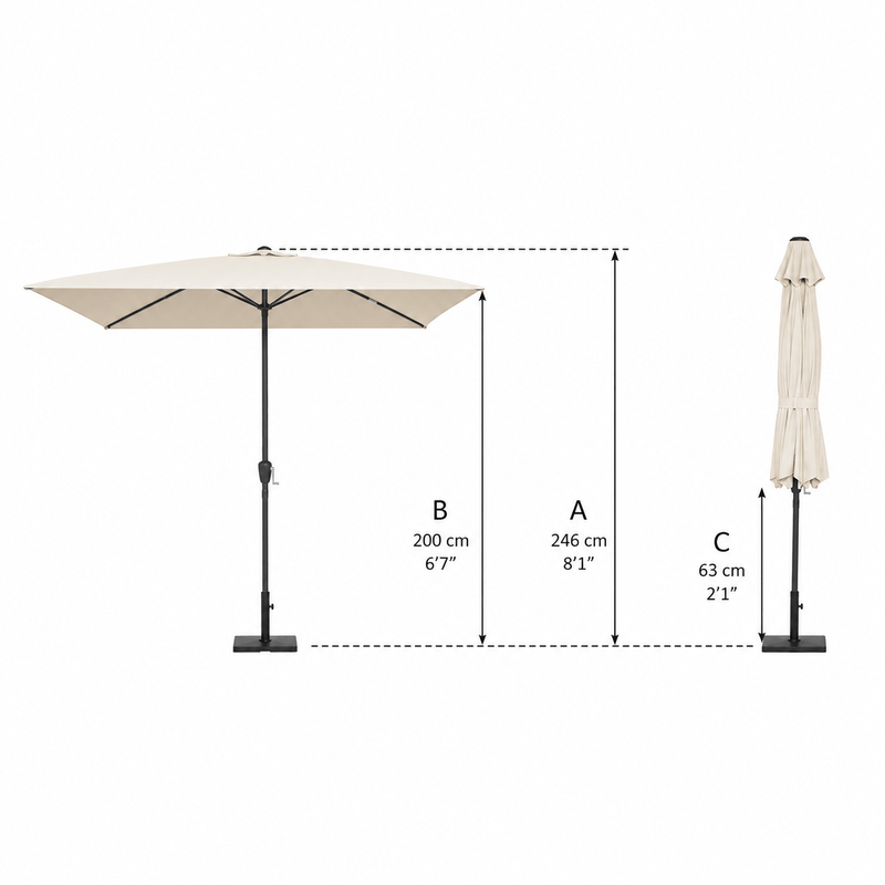 Ecru patio umbrella with dimensions labeled on a white background