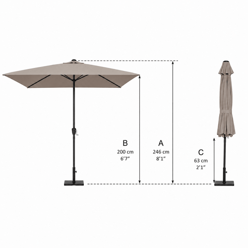 Taupe patio umbrella with measurement details on a white background