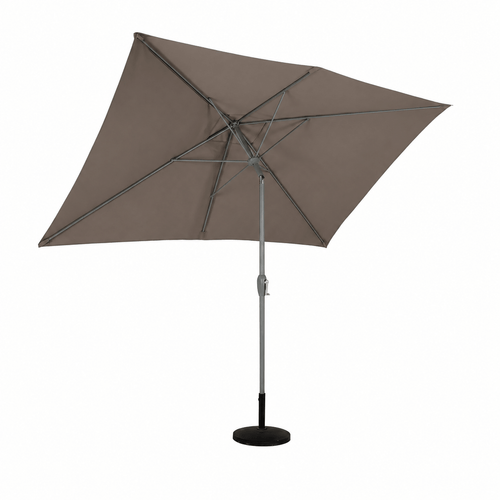 Taupe patio umbrella with a stand on a white background tilted
