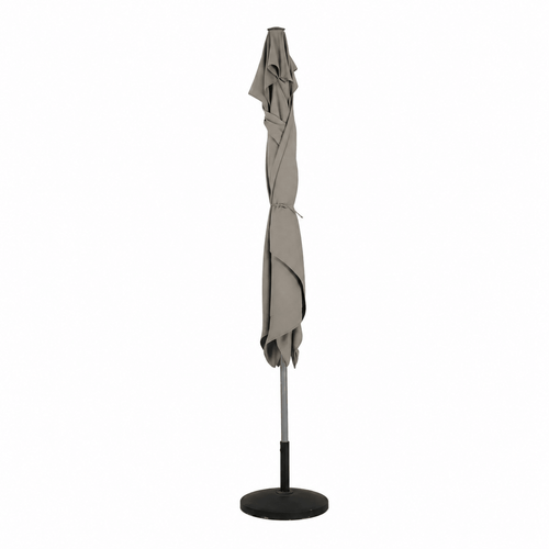 Taupe patio umbrella with stand on a white background closed