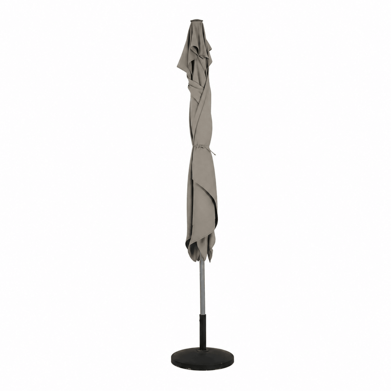 Taupe patio umbrella with stand on a white background closed