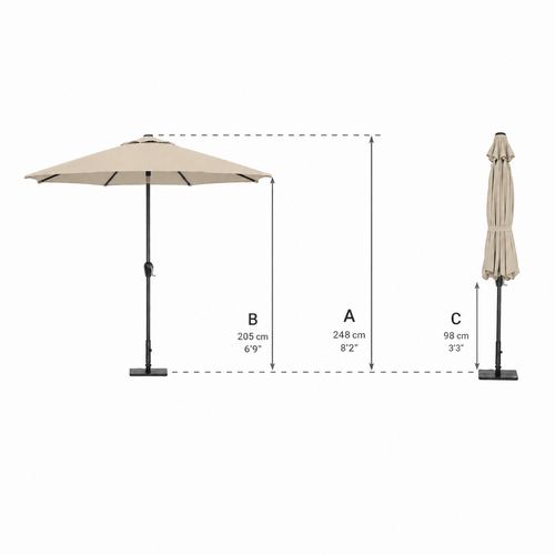 Beige patio umbrella with dimensions on a white background