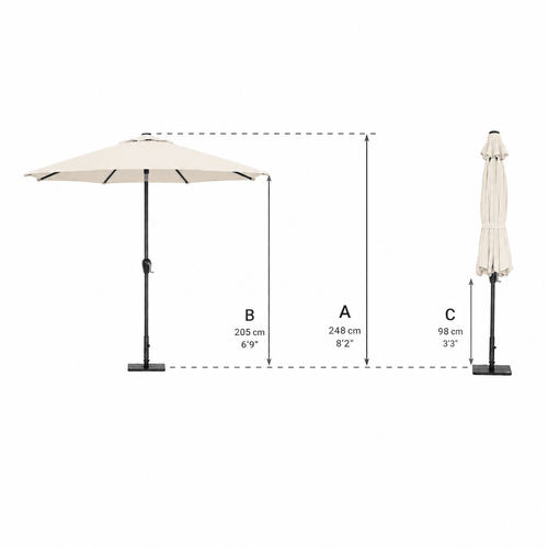 Ecru patio umbrella with dimensions labeled on a white background