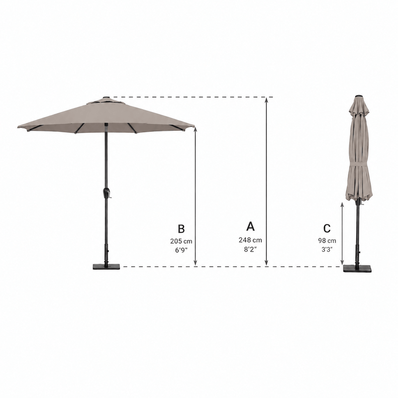 Taupe patio umbrella with dimensions labeled on a white background