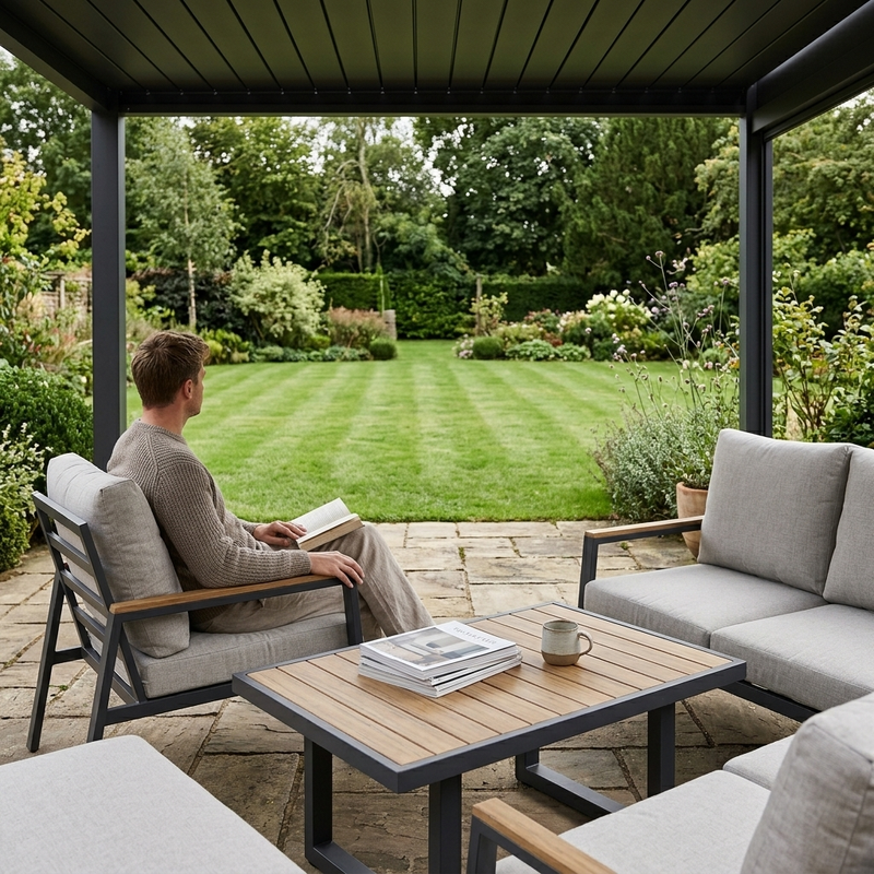 Man sitting under 3x3m pergola